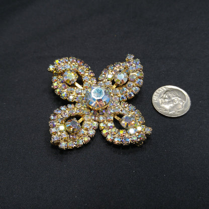 Aurora Borealis Flower Brooch, Gold Plated, 1960s Vintage Jewelry