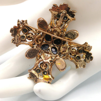 Vintage Maltese Cross Brooch, Foil Cabs, Faux Pearls AB Rhinestones, Vintage Jewelry