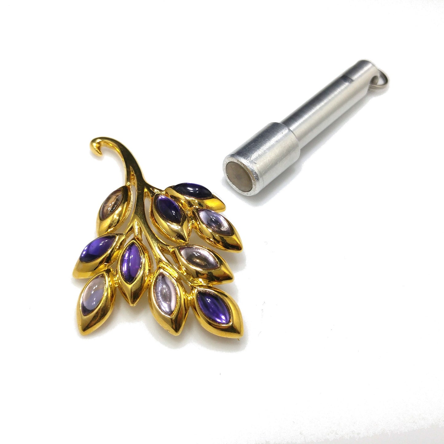 Trifari TM Purple Cabochon Gold Plated Brooch, Spray of Leaves Pin, 1980s Vintage Jewelry