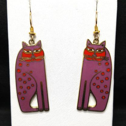 Laurel Burch "Siamese Cats" Long Earrings, Gold Plated, Purple Enamel, 1980s Vintage Jewelry