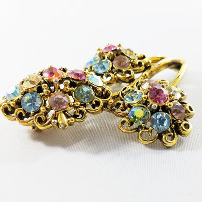 Hollycraft Pastel Rhinestone Floral Brooch, Gold Tone Flower Pin, 1960s Vintage Jewelry