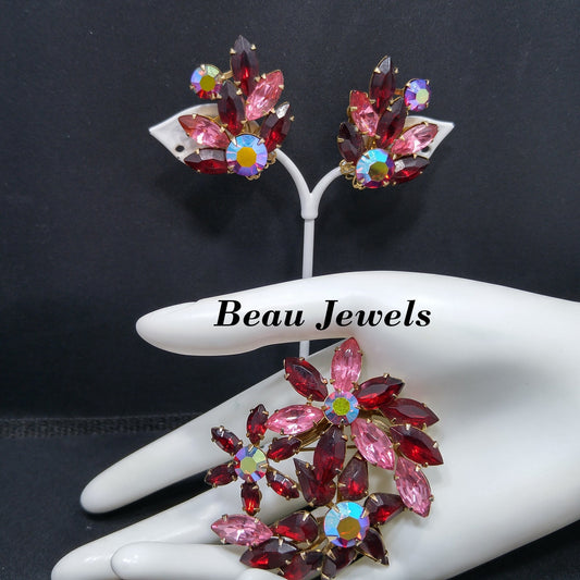 Vintage Beau Jewels Rhinestone Set – 1950s Brooch & Earrings, Red AB Crystals