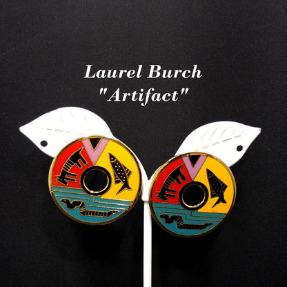 Laurel Burch "Artifact" Post Earrings, Fish Snake Dog Enamel Cloisonne, 1980s Vintage Jewelry