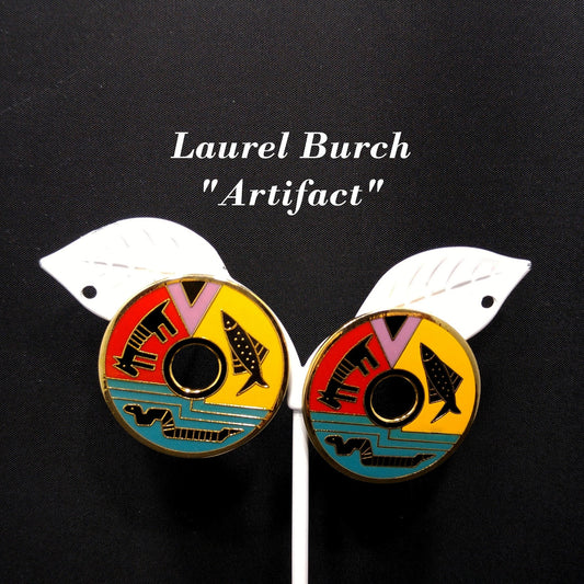Laurel Burch "Artifact" Post Earrings, Fish Snake Dog Enamel Cloisonne, 1980s Vintage Jewelry