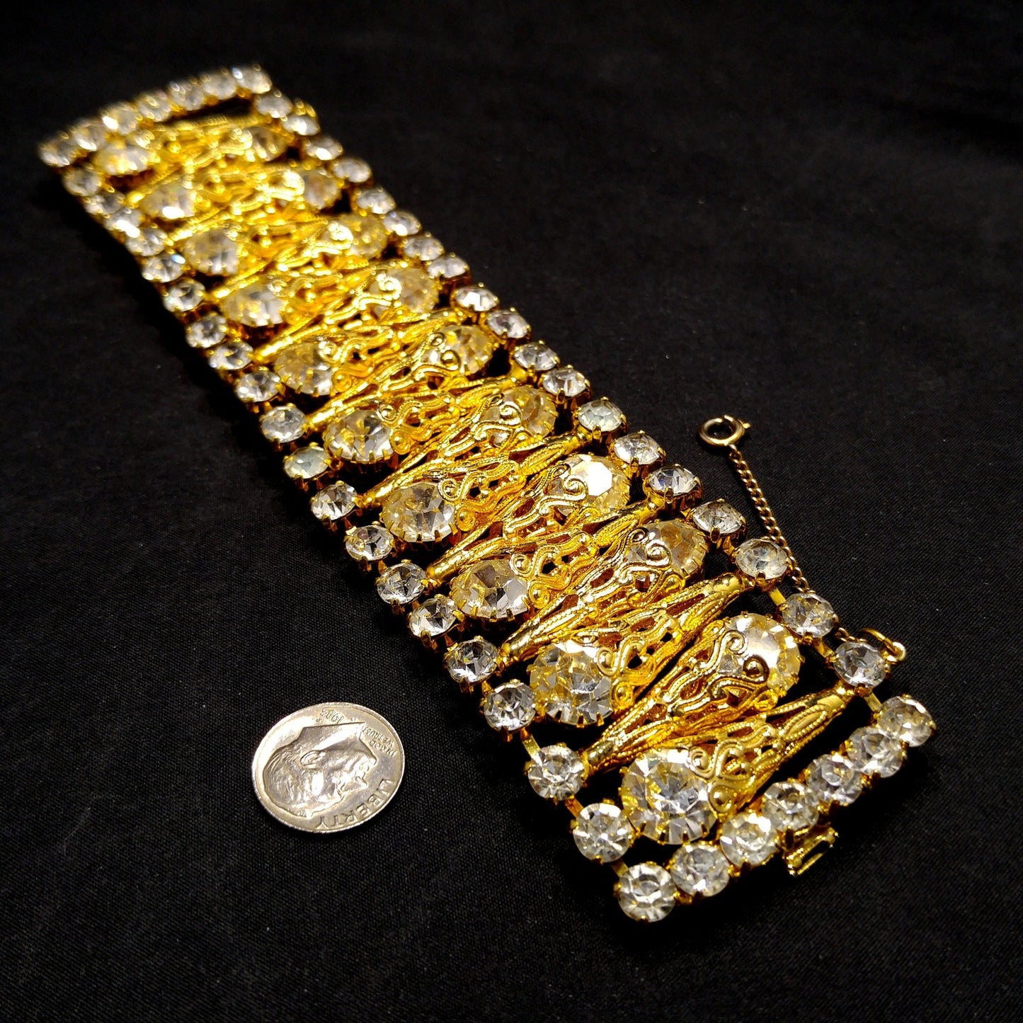 Vintage Clear Rhinestone Wide Filigree Bracelet Gold Tone Safety Chain 1950s