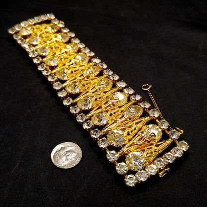 Vintage Clear Rhinestone Wide Filigree Bracelet Gold Tone Safety Chain 1950s