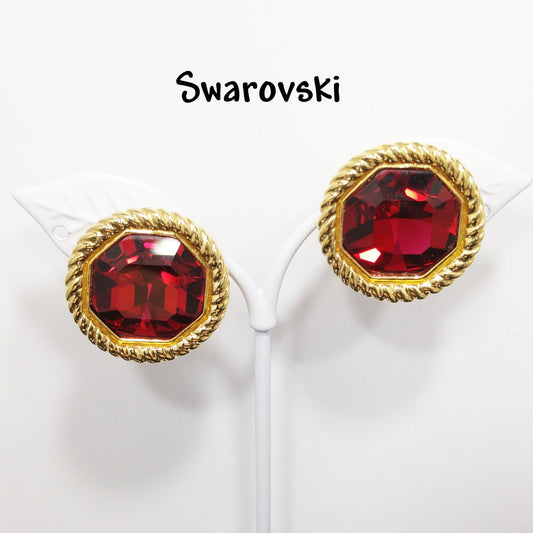 Vintage Swarovski Red Crystal Clip Earrings Gold Plated Rope Frame 1990s