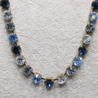 Germany Blue Rhinestone Necklace, Shades of Blue & Clear Crystals, 1990s Vintage Jewelry
