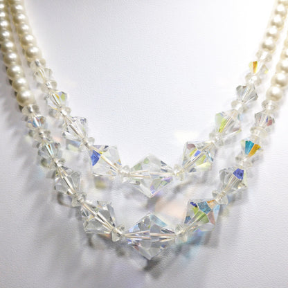 Wedding Bridal Faux Pearl AB Crystal Beaded Necklace, 2 Strands, 1950s Vintage