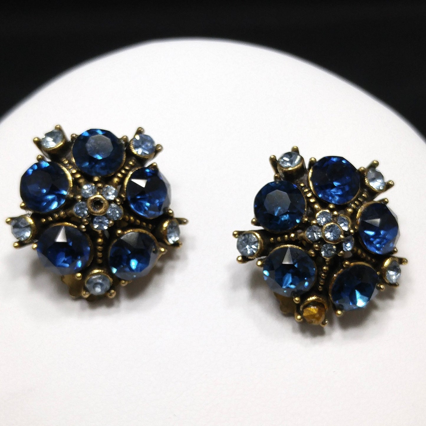 Vintage Hollycraft 1956 Blue Rhinestone Pearl Necklace Earrings Set Gold Tone