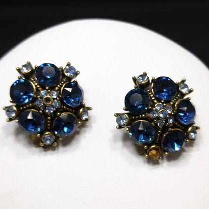 Vintage Hollycraft 1956 Blue Rhinestone Pearl Necklace Earrings Set Gold Tone