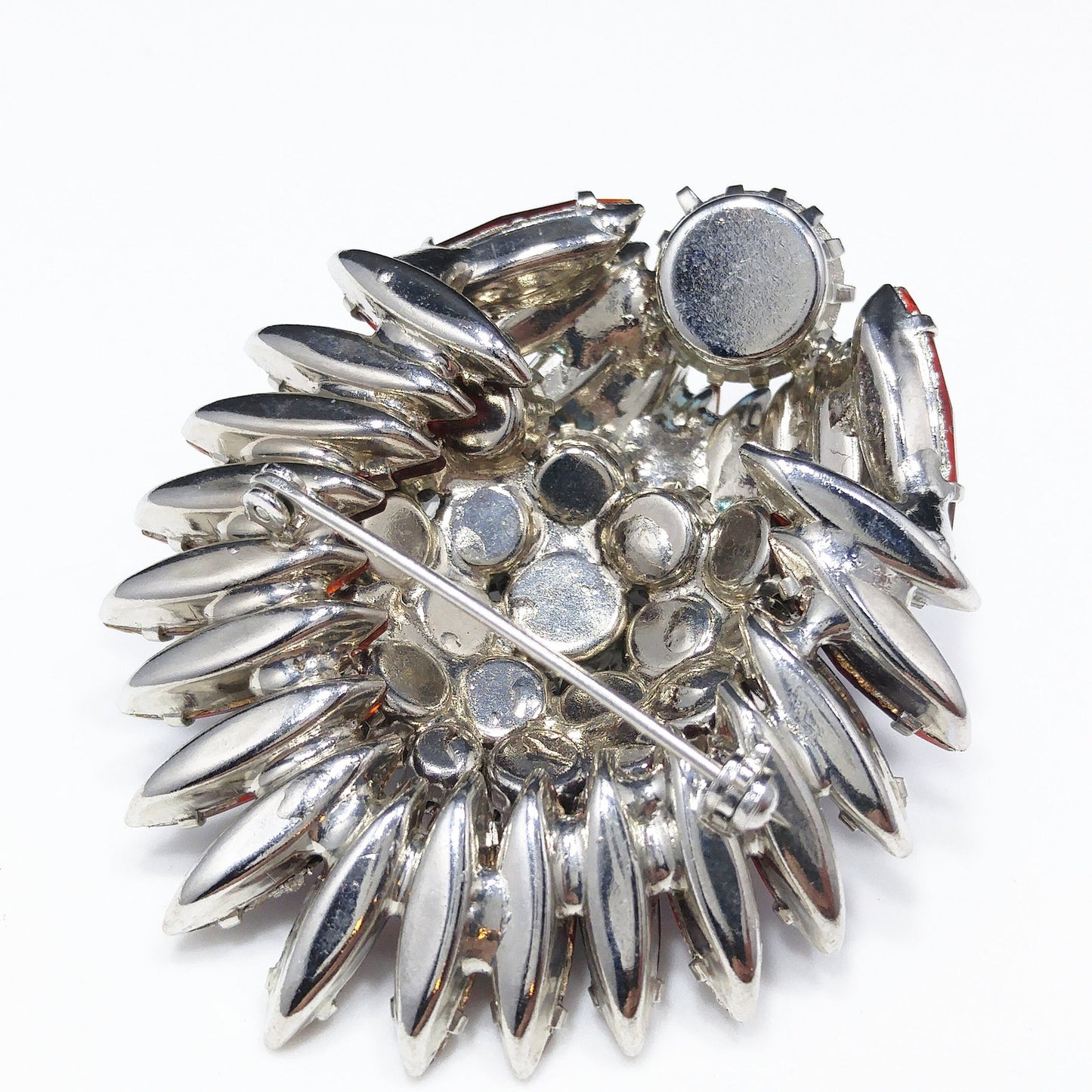 Ruby Red Rhinestone Navette Brooch, Unsigned Designer Beauty, Rhodium Plated, 1960s Vintage Jewelry