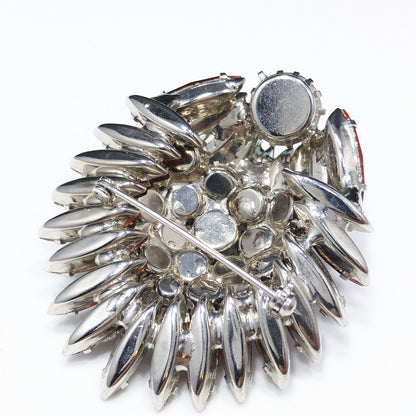Ruby Red Rhinestone Navette Brooch, Unsigned Designer Beauty, Rhodium Plated, 1960s Vintage Jewelry