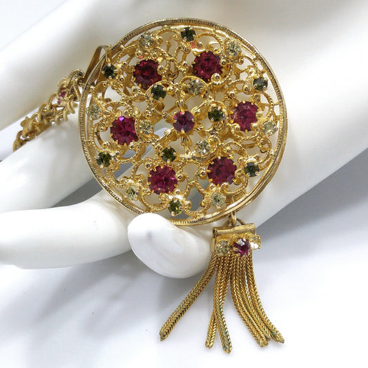 Mid-century Filigree Rhinestone Pendant Necklace, Multicolored Rhinestone Brooch, 1960s Vintage Jewelry