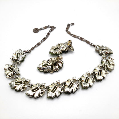 Vintage Lisner Rhinestone Lucite Necklace Earrings Set, Green Molded Leaves Jewelry, 1960s