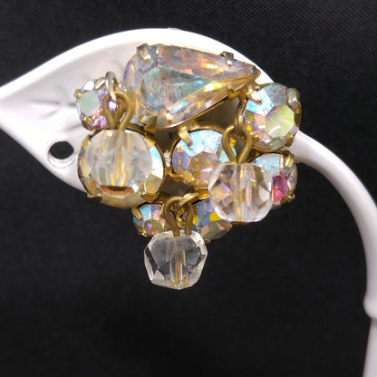 Kramer AB Rhinestone Brooch & Earrings, Dangling Crystal Beads, Gold Plated, 1960s Vintage Jewelry