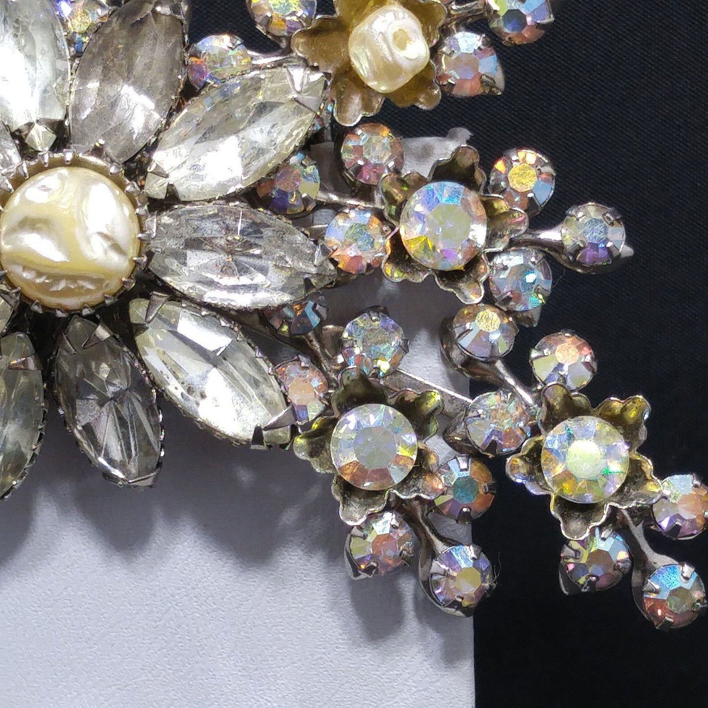 Judy Lee Signed Large Floral Brooch Rhinestone Faux Pearl AB Silver Tone 1950s