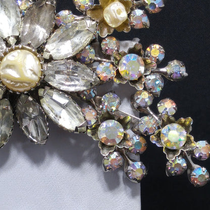 Judy Lee Signed Large Floral Brooch Rhinestone Faux Pearl AB Silver Tone 1950s