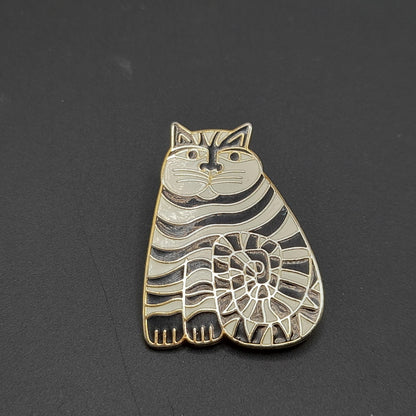 Laurel Burch "Shambala" Cat Brooch Pendant, Black White Enamel, Gold Plated, 1980s Vintage Jewelry