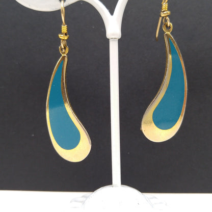 Vintage Laurel Burch Turquoise Drop Earrings, Curved Teardrop, Gold Plated