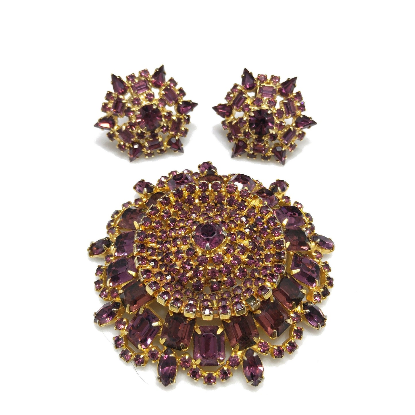 Large Purple Rhinestone Brooch & Clip Earrings, Gold Plated, 1960s Vintage