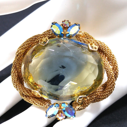 Large Glass Mesh Frame Brooch & Pendant, Gold Plated, 1960s Vintage Jewelry