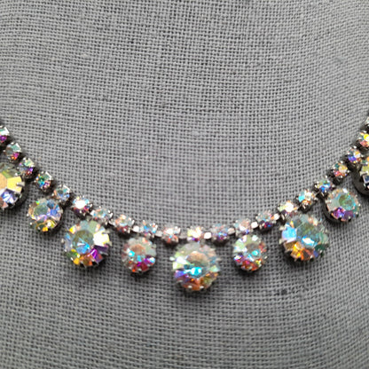 Aurora Borealis Rhinestone Choker Necklace, Rhodium Plated, 1960s Vintage Jewelry