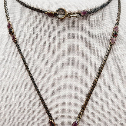 Antique Victorian Purple Glass Enamel Filigree Pendant Necklace, 27 Inches