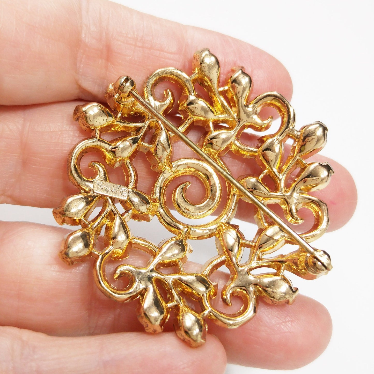 Crown Trifari Floral Brooch, Gold Plated, Clear Rhinestones, 1960s Vintage