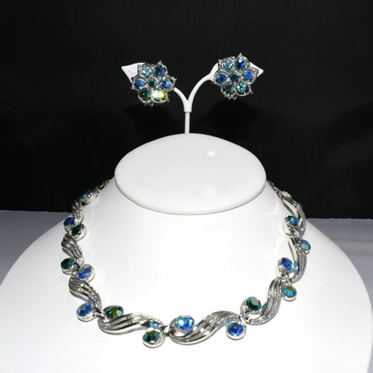 Blue Aurora Borealis Rhinestone Choker Necklace Earrings, Rhodium Plated, 1950s Vintage Jewelry