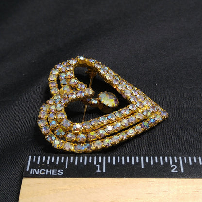 Aurora Borealis Heart Brooch, AB Rhinestone Dangle, 1960s Vintage Jewelry