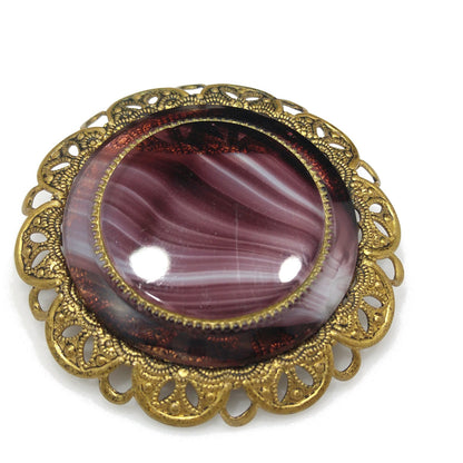 Western Germany Purple Art Glass Brooch, Filigree Frame, 1950s Vintage Jewelry