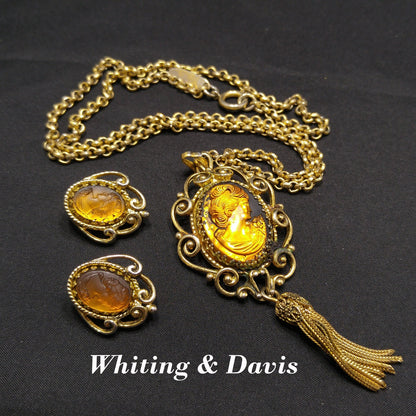 Whiting & Davis Topaz Cameo Necklace & Clip Earrings Set w/ Tassel 1976 Book Piece