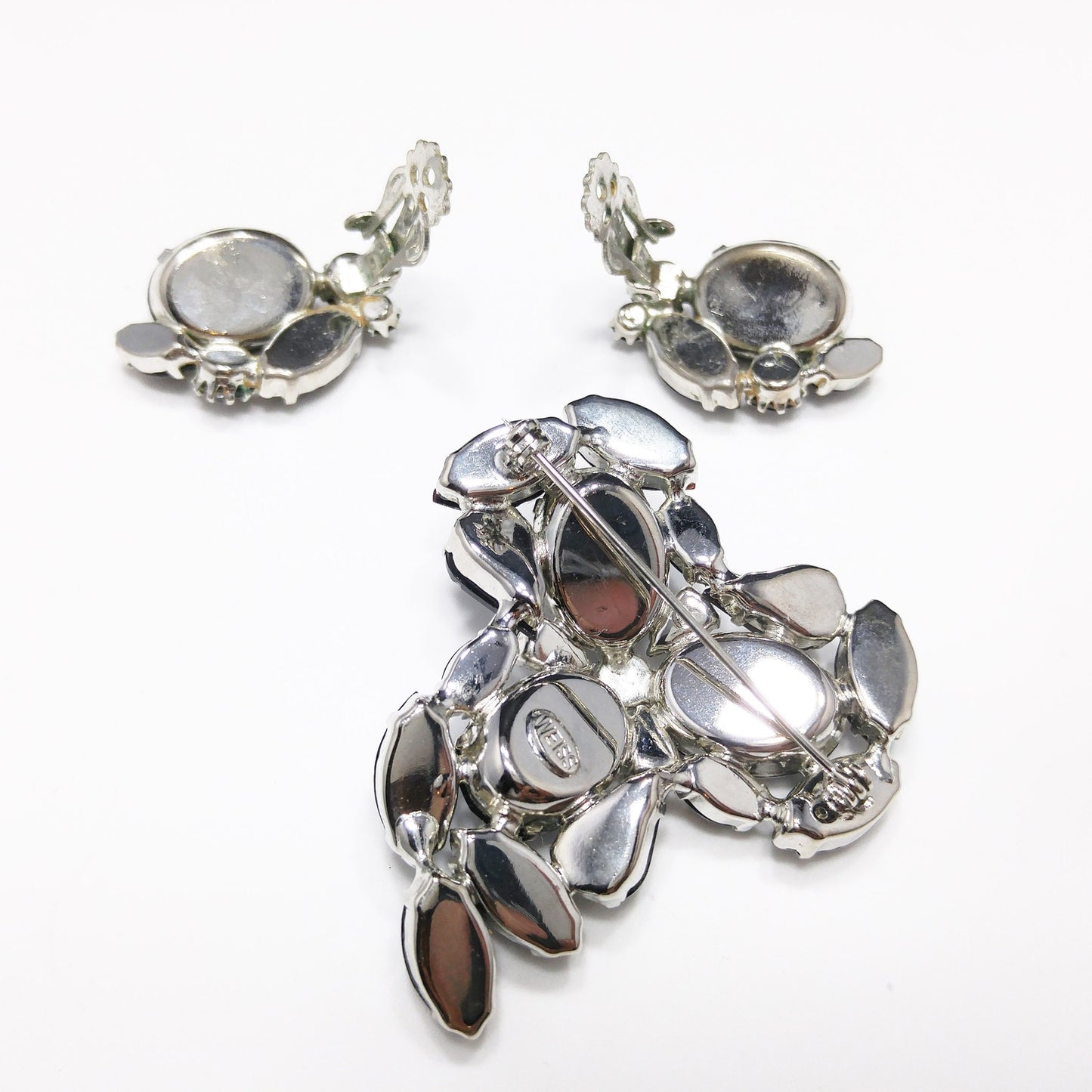 Vintage Weiss Black & Clear Rhinestone Brooch and Earrings Set, Rhodium Plated