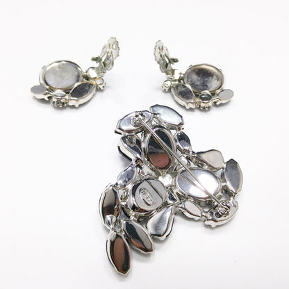 Vintage Weiss Black & Clear Rhinestone Brooch and Earrings Set, Rhodium Plated