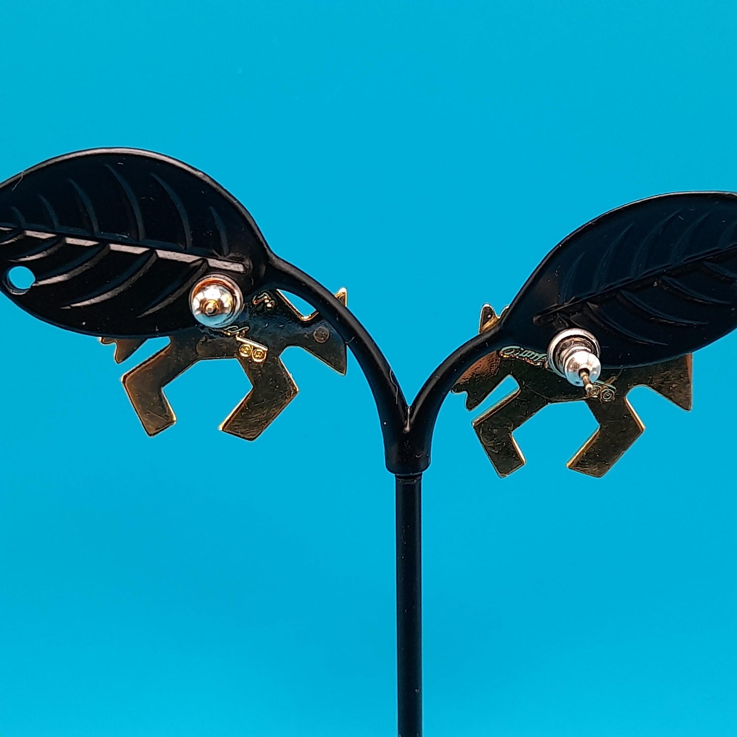 Vintage Laurel Burch "Bison" Post Earrings, Black Blue Enamel, Gold Plated