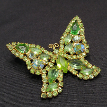 Weiss Peridot Green Rhinestone Butterfly Brooch, Gold Plated, 1950s Vintage Jewelry
