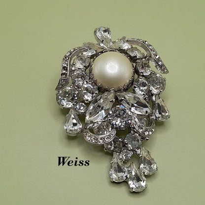 Vintage Weiss Wedding Brooch, Clear Rhinestones, Rhodium Plated, 2 1/2 In