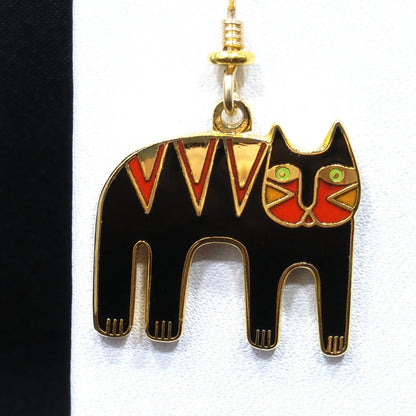 Vintage Laurel Burch "Tiger" Drop Earrings, Gold Plated, Black Red Enamel, 2005