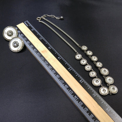 Mother of Pearl Rhinestone Jewelry, Necklace & Clip Earring Set, 1940s Vintage