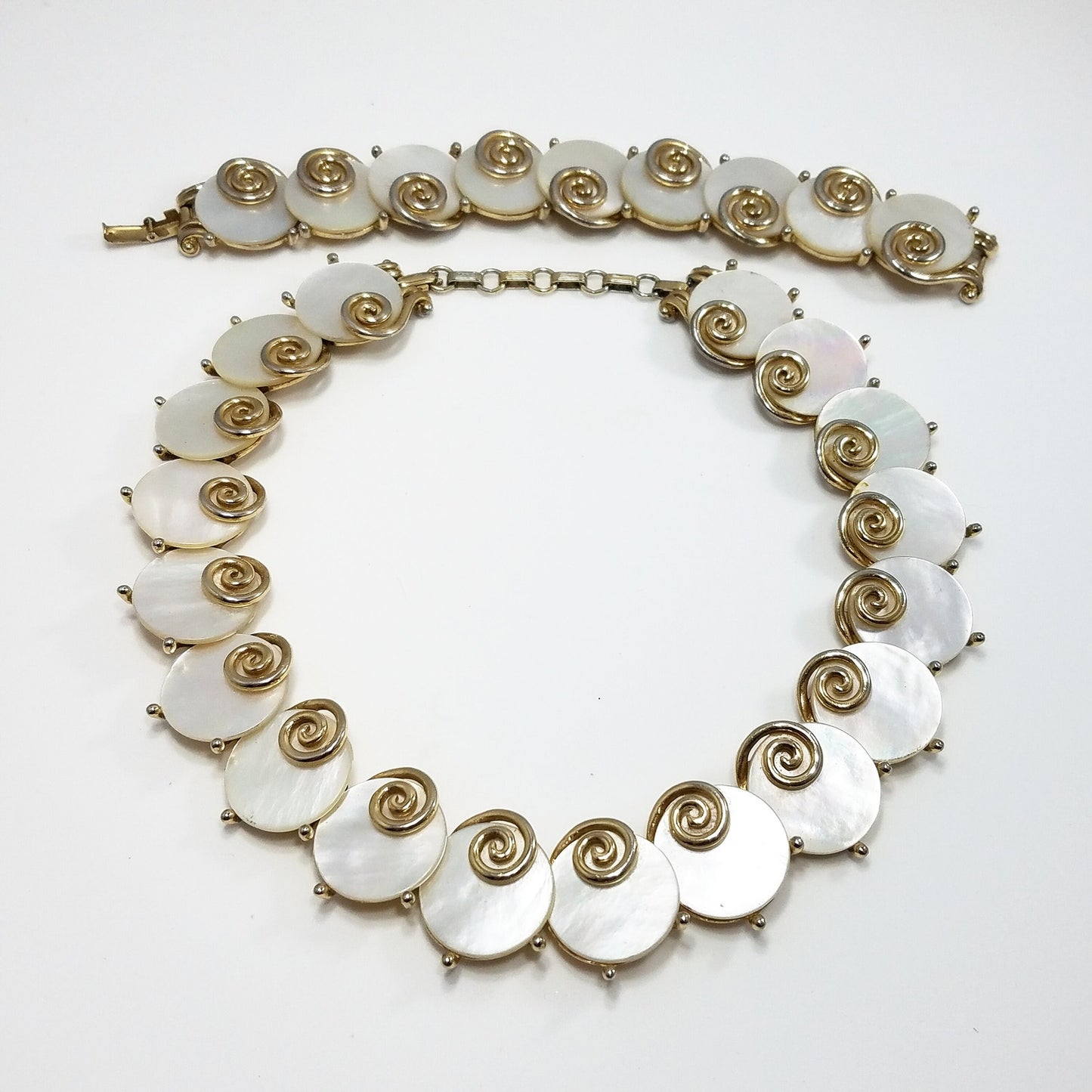 Boucher MOP Disk Necklace & Bracelet, Mother of Pearl, 1950s Vintage Jewelry