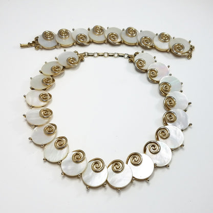 Boucher MOP Disk Necklace & Bracelet, Mother of Pearl, 1950s Vintage Jewelry