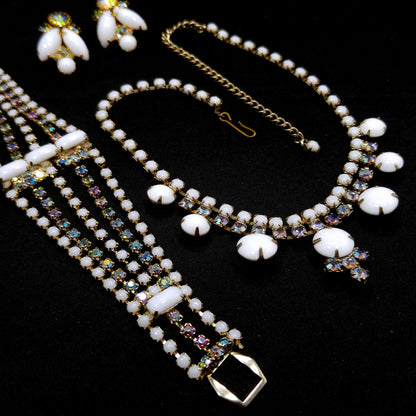 Vintage Milk Glass Jewelry Set, Necklace Bracelet Clip Earrings, Aurora Borealis, 1960s Vintage Jewelry
