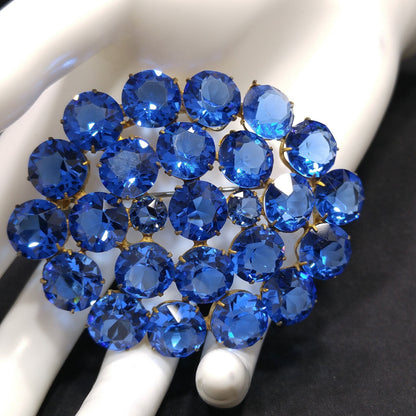 Art Deco Czech Blue Brooch, Open Back Glass Rhinestones, 1940s Vintage Jewelry