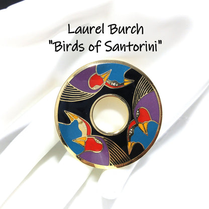Laurel Burch "Birds of Santorini" Brooch, Cloisonné & Enamel, 1980s Vintage Jewelry
