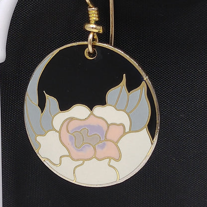 Vintage Laurel Burch "Garden Rose" Earrings, Gold Plated Cloisonné