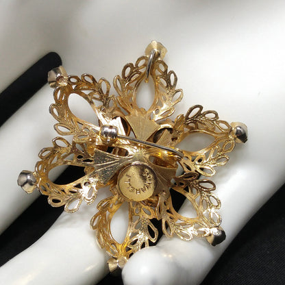 Scitarelli Mid-century Pink Clear Rhinestone Floral Brooch Pendant, 1950s Vintage Jewelry