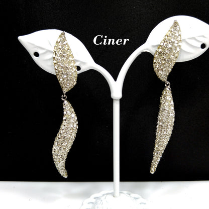 Vintage CINER Modernist Pave Clear Rhinestone Dangle Clip on Earrings, Rhodium Plated