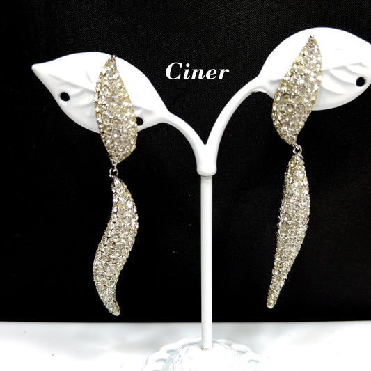 Vintage CINER Modernist Pave Clear Rhinestone Dangle Clip on Earrings, Rhodium Plated