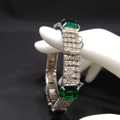 Kramer Green Rhinestone Hinged Bracelet, Safety Chain, 1960s Vintage Jewelry